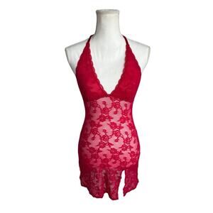 Victoria Secret Red Lace Halter Chemise Slip Dress Women’s Small Sheer Lingerie